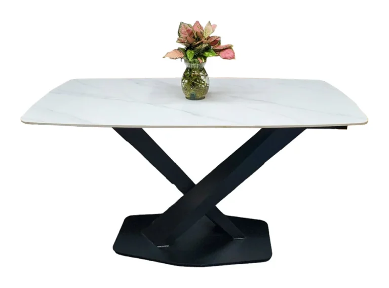 Tekkashop Bàn Ăn Chữ Nhật Chân Sắt Chữ X 1400x800mm Mặt Đá Trắng Vân Mây
