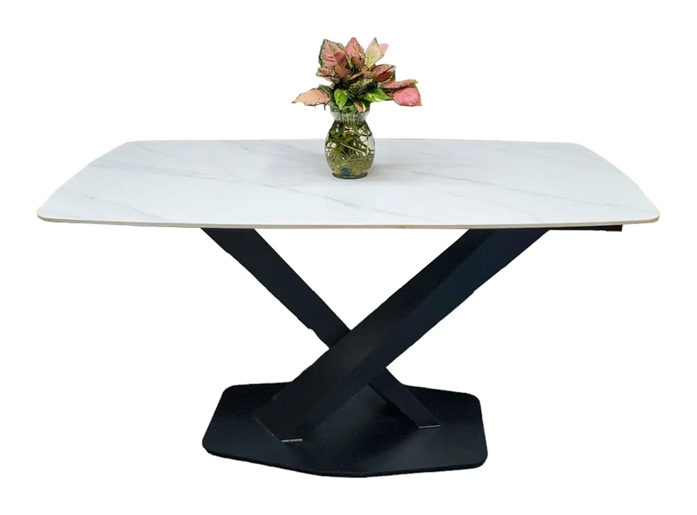 Tekkashop Bàn Ăn Chữ Nhật Chân Sắt Chữ X 1400x800mm Mặt Đá Trắng Vân Mây