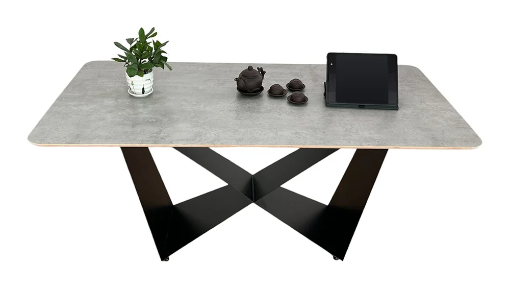 Tekkashop Bàn Ăn Chữ Nhật Chân Sắt Chữ X Cách Điệu Mặt Gỗ Plywood Phủ Melamin