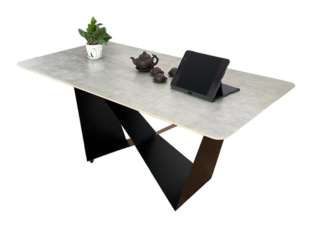 Tekkashop Bàn Ăn Chữ Nhật Chân Sắt Chữ X Cách Điệu Mặt Gỗ Plywood Phủ Melamin