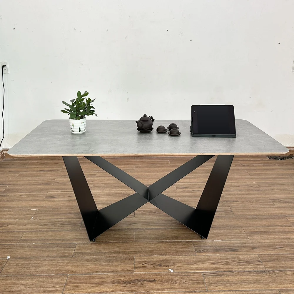 Tekkashop Bàn Ăn Chữ Nhật Chân Sắt Chữ X Cách Điệu Mặt Gỗ Plywood Phủ Melamin