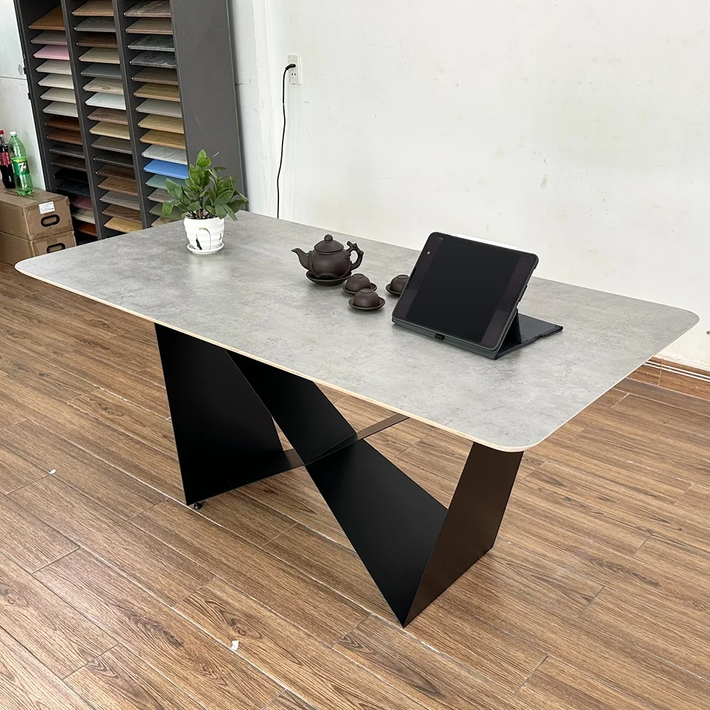 Tekkashop Bàn Ăn Chữ Nhật Chân Sắt Chữ X Cách Điệu Mặt Gỗ Plywood Phủ Melamin