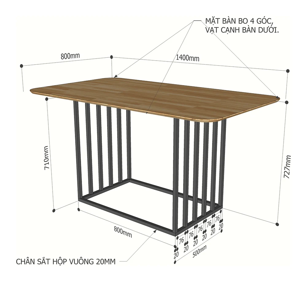 Tekkashop Bàn Ăn Chữ Nhật Chân Sắt Thanh Mảnh 1400x800mm Mặt Gỗ