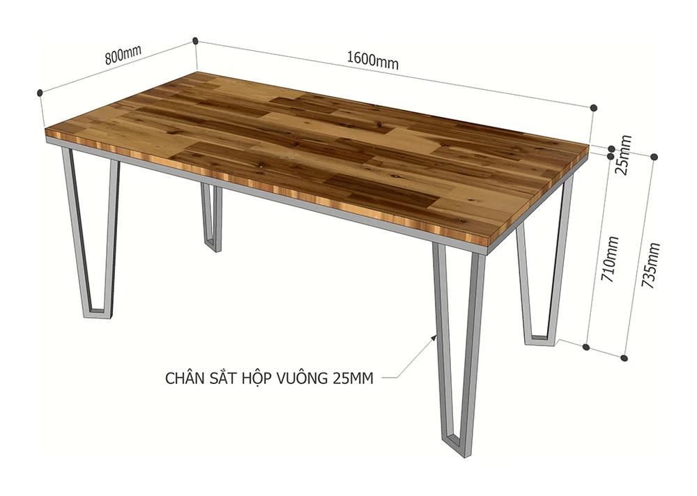 Tekkashop Bàn Ăn Chữ Nhật Chân Sắt Thanh Mảnh 1400x800mm Mặt Gỗ Tràm