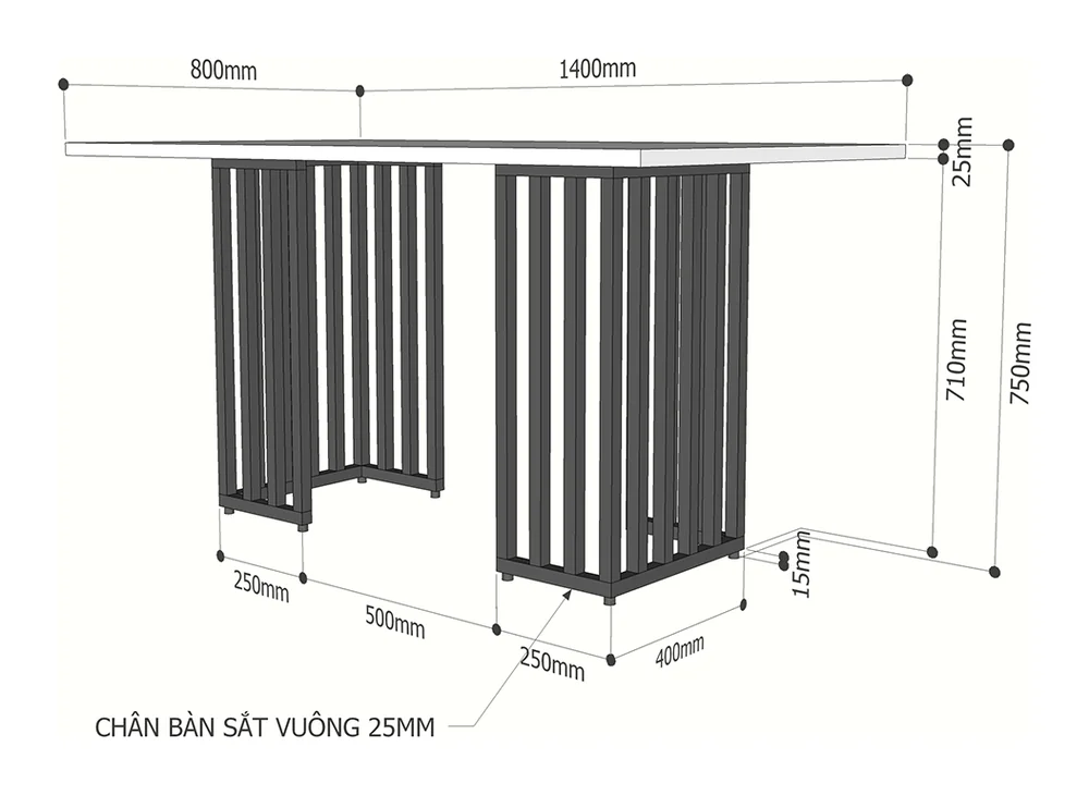 Tekkashop Bàn Ăn Chữ Nhật Chân Sắt Vuông Song Song 1400x800mm Mặt Gỗ Tràm