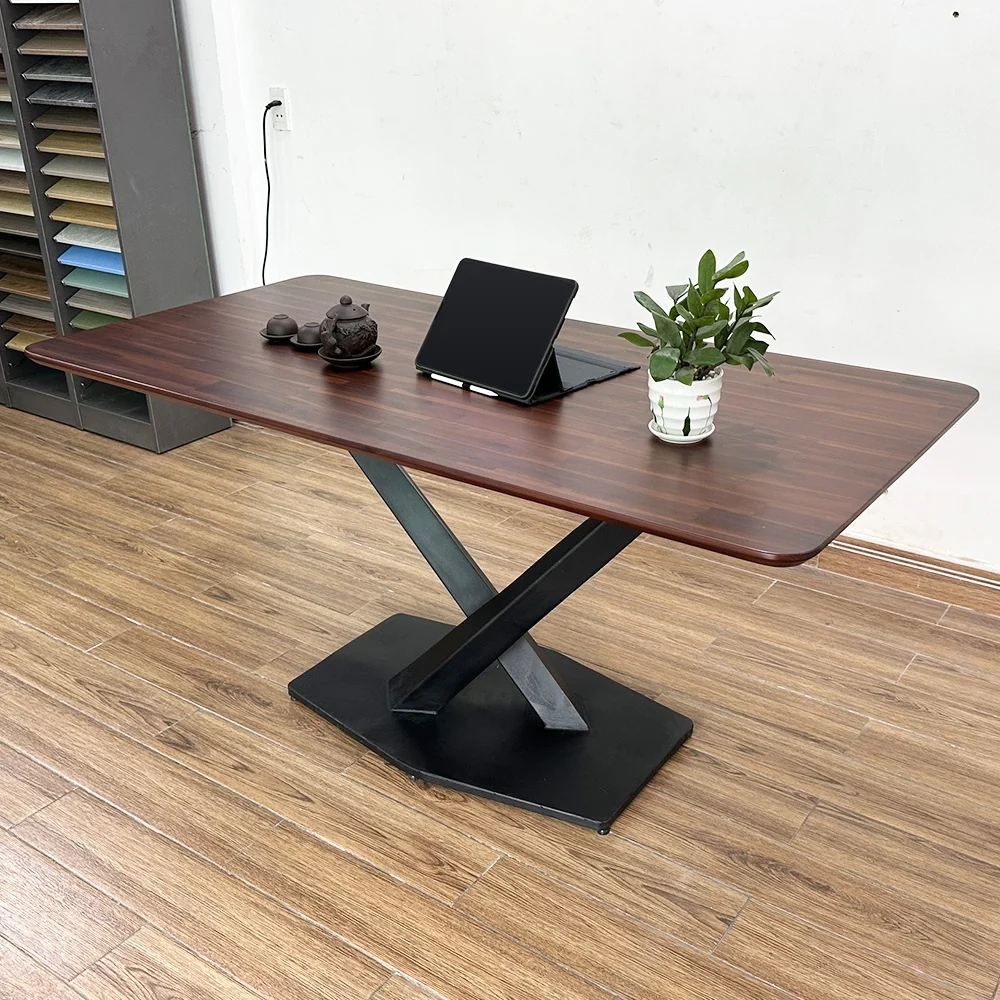 Tekkashop Bàn Ăn Chữ Nhật Hiện Đại Chân Sắt Chữ X Đế Lục Giác Mặt Gỗ Tràm