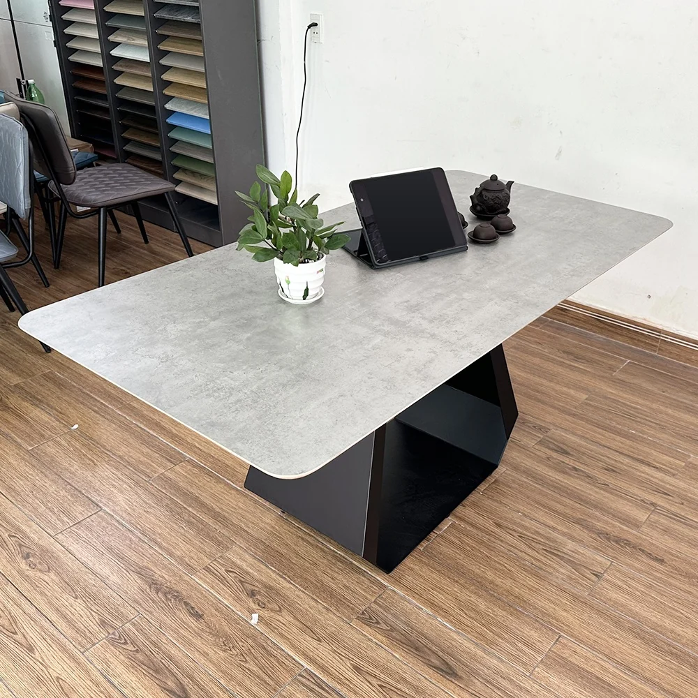 Tekkashop Bàn Ăn Chữ Nhật Hiện Đại Chân Sắt Hình Thang Mặt Gỗ Plywood Phủ Melamin