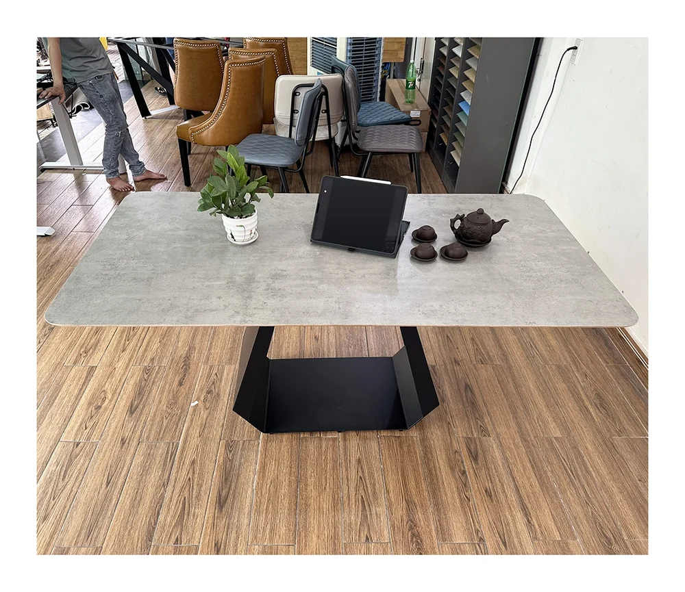 Tekkashop Bàn Ăn Chữ Nhật Hiện Đại Chân Sắt Hình Thang Mặt Gỗ Plywood Phủ Melamin