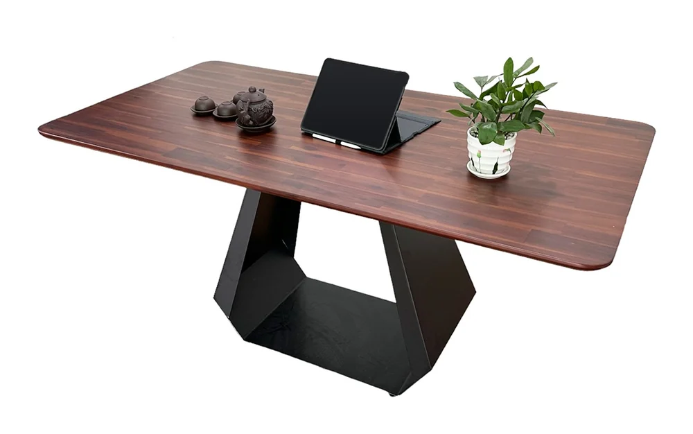 Tekkashop Bàn Ăn Chữ Nhật Hiện Đại Chân Sắt Hình Thang Mặt Gỗ Tràm