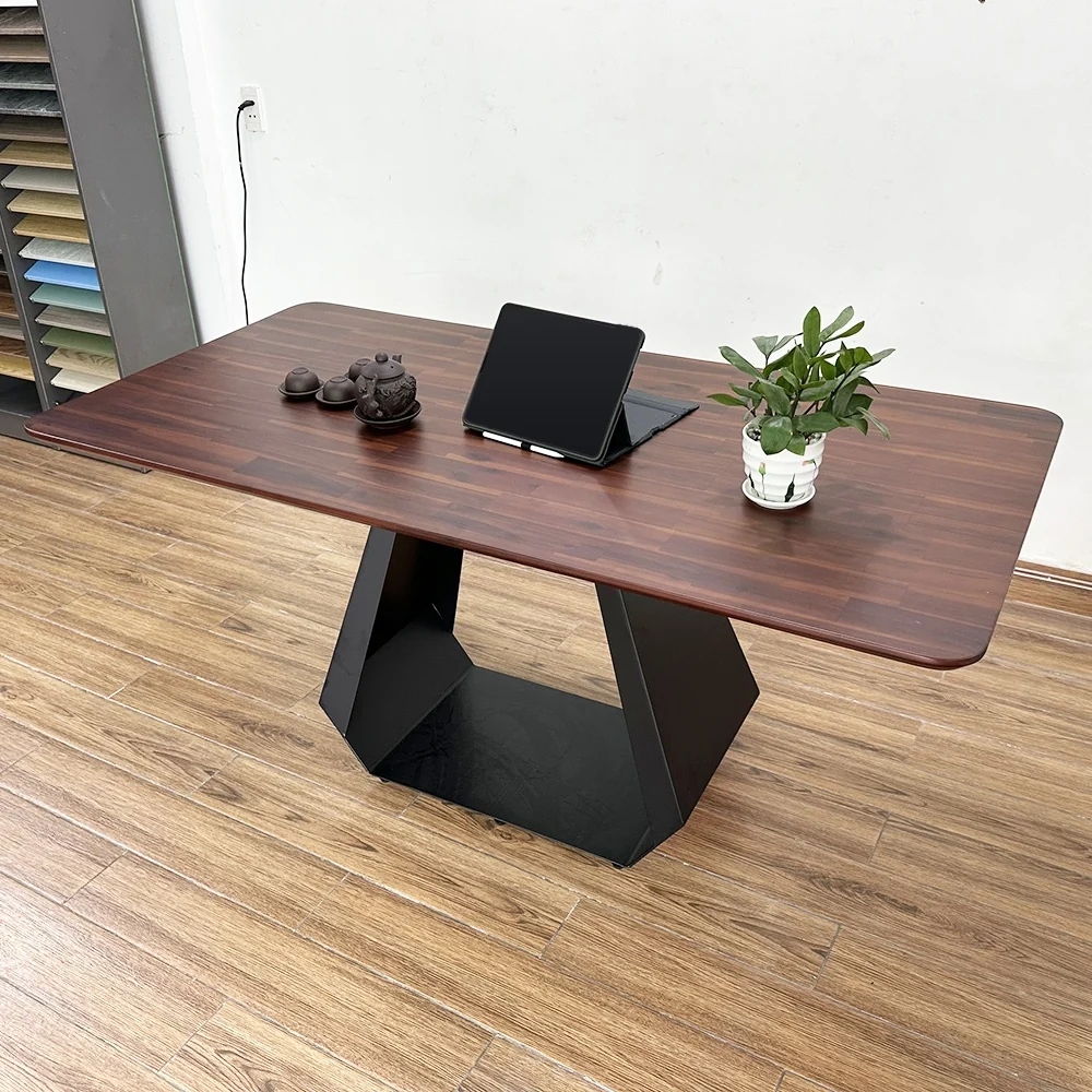 Tekkashop Bàn Ăn Chữ Nhật Hiện Đại Chân Sắt Hình Thang Mặt Gỗ Tràm