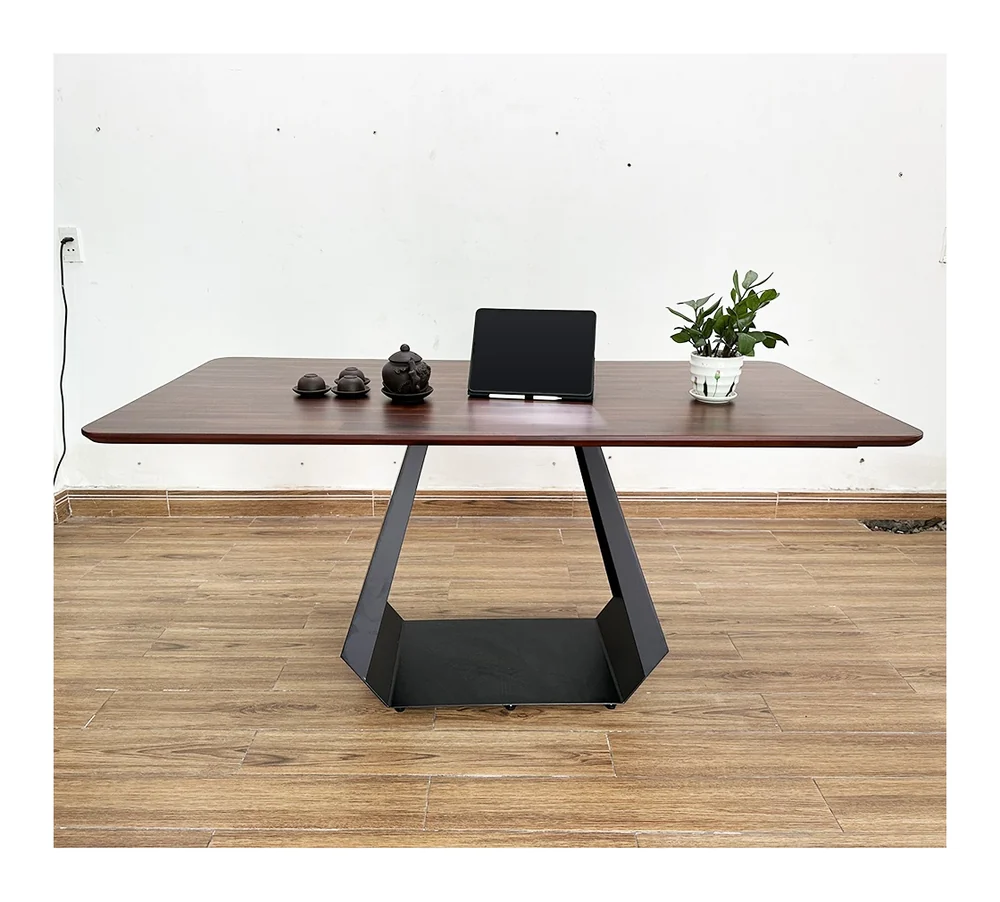 Tekkashop Bàn Ăn Chữ Nhật Hiện Đại Chân Sắt Hình Thang Mặt Gỗ Tràm
