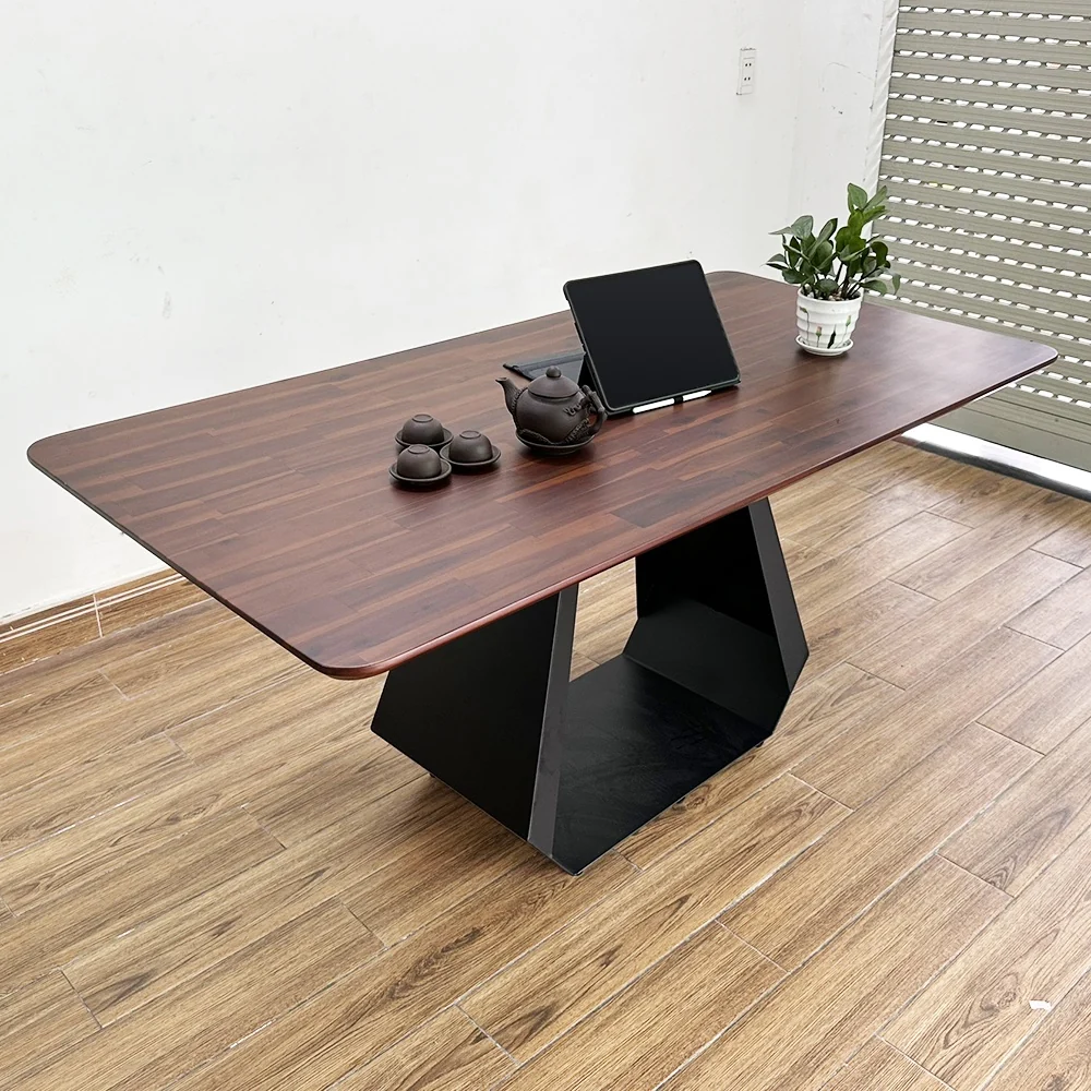 Tekkashop Bàn Ăn Chữ Nhật Hiện Đại Chân Sắt Hình Thang Mặt Gỗ Tràm