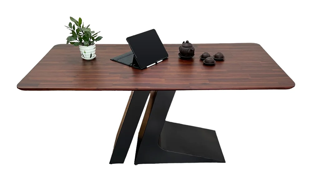 Tekkashop Bàn Ăn Chữ Nhật Hiện Đại Chân Sắt Tấm Đôi Mặt Gỗ Tràm