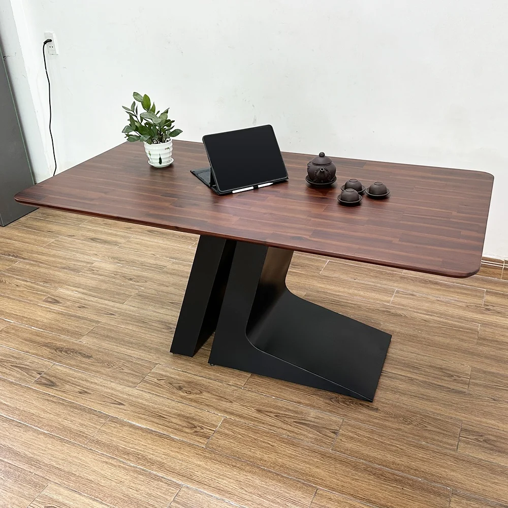Tekkashop Bàn Ăn Chữ Nhật Hiện Đại Chân Sắt Tấm Đôi Mặt Gỗ Tràm