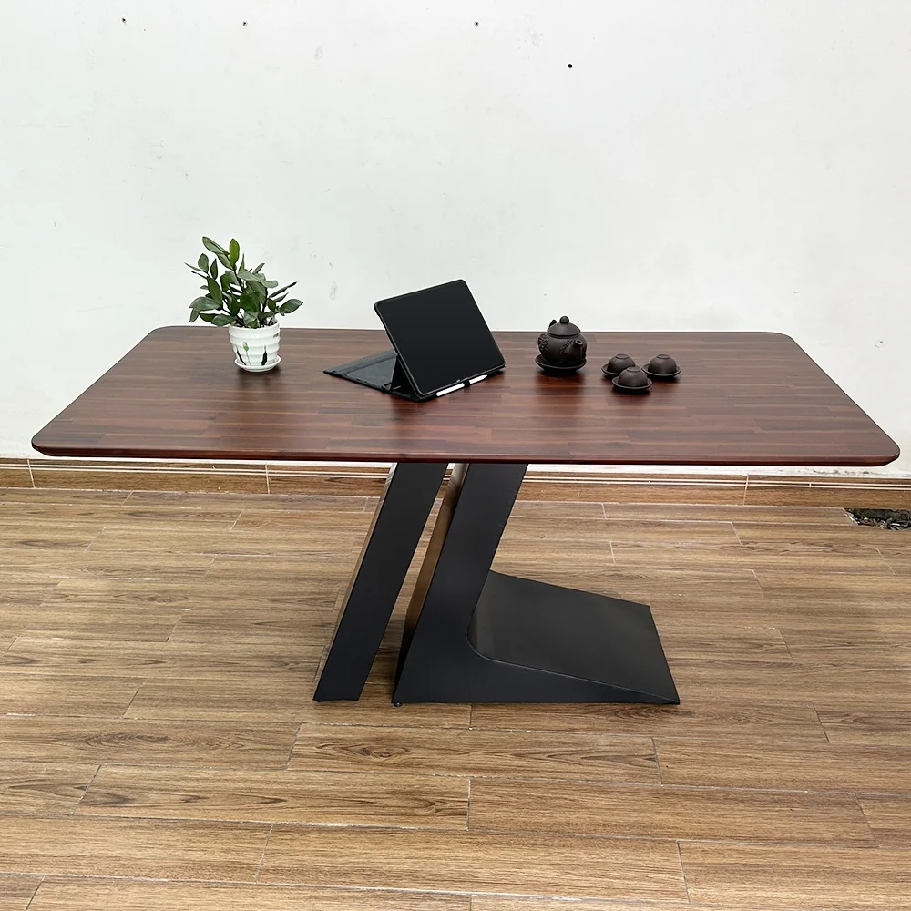 Tekkashop Bàn Ăn Chữ Nhật Hiện Đại Chân Sắt Tấm Đôi Mặt Gỗ Tràm