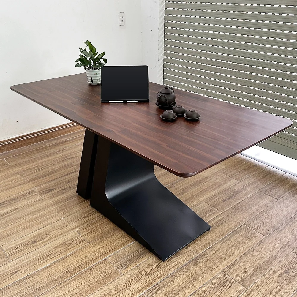 Tekkashop Bàn Ăn Chữ Nhật Hiện Đại Chân Sắt Tấm Đôi Mặt Gỗ Tràm