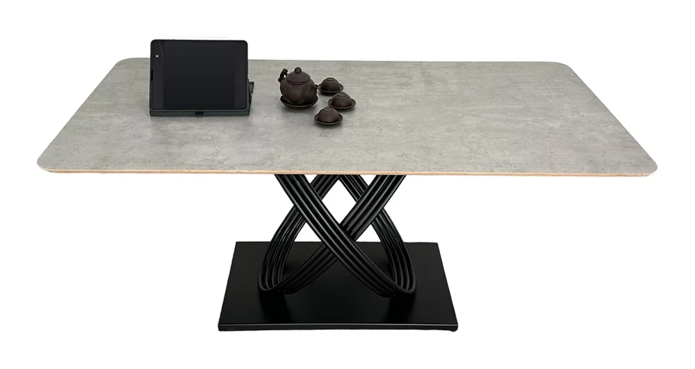 Tekkashop Bàn Ăn Chữ Nhật Hiện Đại Chân Sắt Vòng Đan Xen Mặt Gỗ Plywood Phủ Melamin