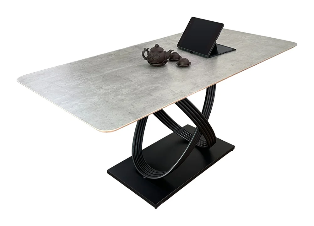 Tekkashop Bàn Ăn Chữ Nhật Hiện Đại Chân Sắt Vòng Đan Xen Mặt Gỗ Plywood Phủ Melamin