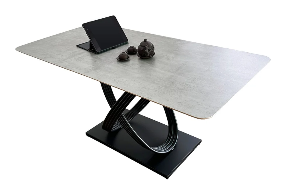 Tekkashop Bàn Ăn Chữ Nhật Hiện Đại Chân Sắt Vòng Đan Xen Mặt Gỗ Plywood Phủ Melamin