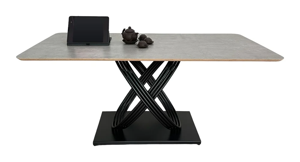 Tekkashop Bàn Ăn Chữ Nhật Hiện Đại Chân Sắt Vòng Đan Xen Mặt Gỗ Plywood Phủ Melamin
