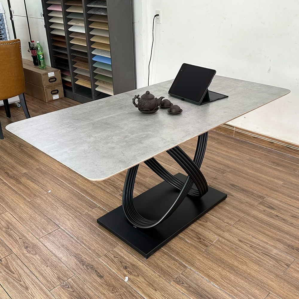 Tekkashop Bàn Ăn Chữ Nhật Hiện Đại Chân Sắt Vòng Đan Xen Mặt Gỗ Plywood Phủ Melamin