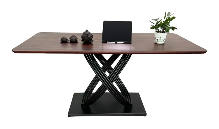 Tekkashop Bàn Ăn Chữ Nhật Hiện Đại Chân Sắt Vòng Đan Xen Mặt Gỗ Tràm