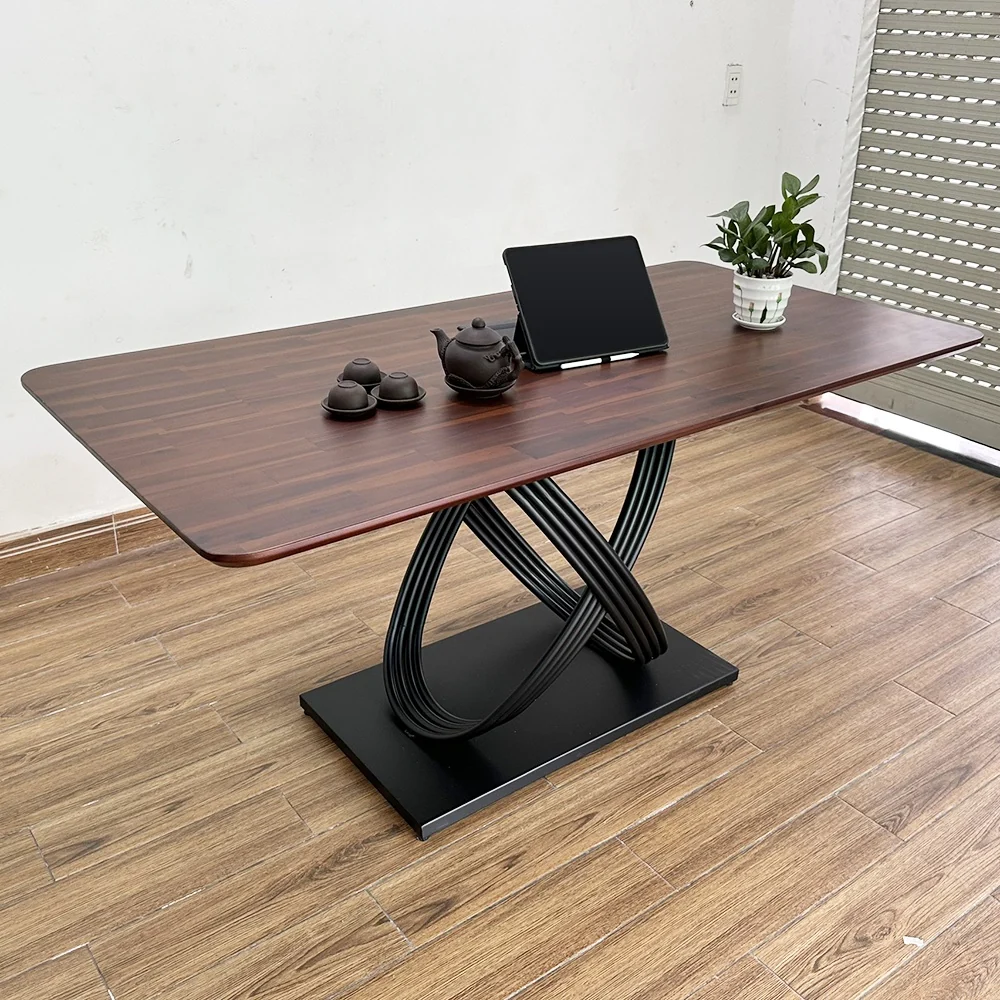 Tekkashop Bàn Ăn Chữ Nhật Hiện Đại Chân Sắt Vòng Đan Xen Mặt Gỗ Tràm