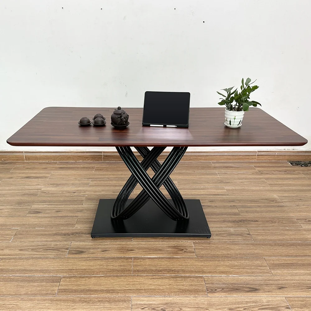 Tekkashop Bàn Ăn Chữ Nhật Hiện Đại Chân Sắt Vòng Đan Xen Mặt Gỗ Tràm