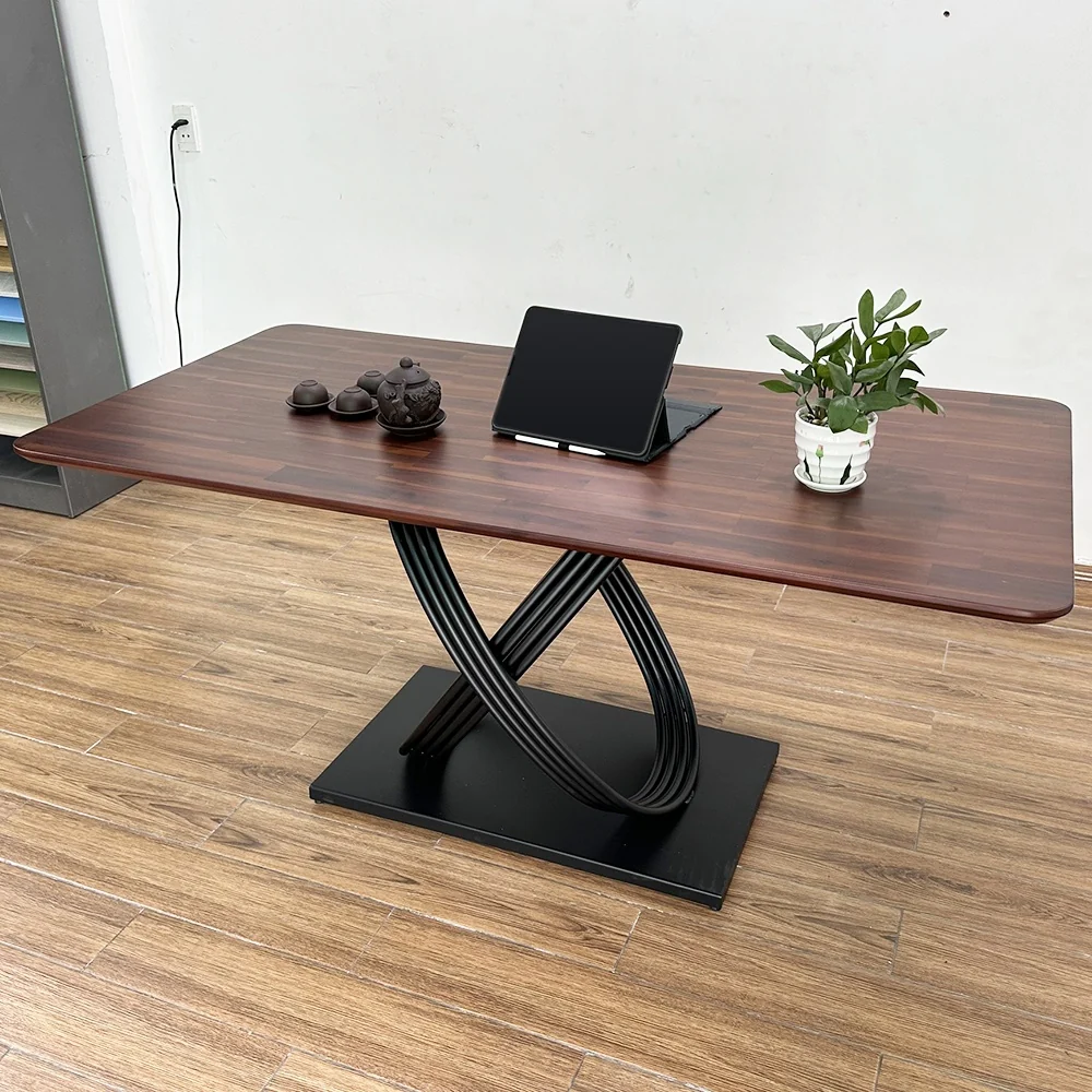 Tekkashop Bàn Ăn Chữ Nhật Hiện Đại Chân Sắt Vòng Đan Xen Mặt Gỗ Tràm
