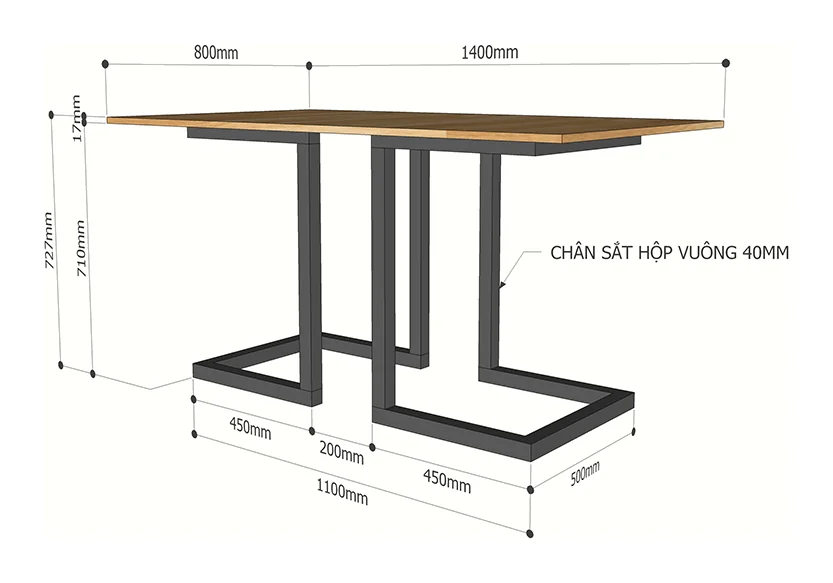 Tekkashop Bàn Ăn Chữ Nhật Hiện Đại Chân Sắt Vuông 1400x800mm Mặt Gỗ Cao Su