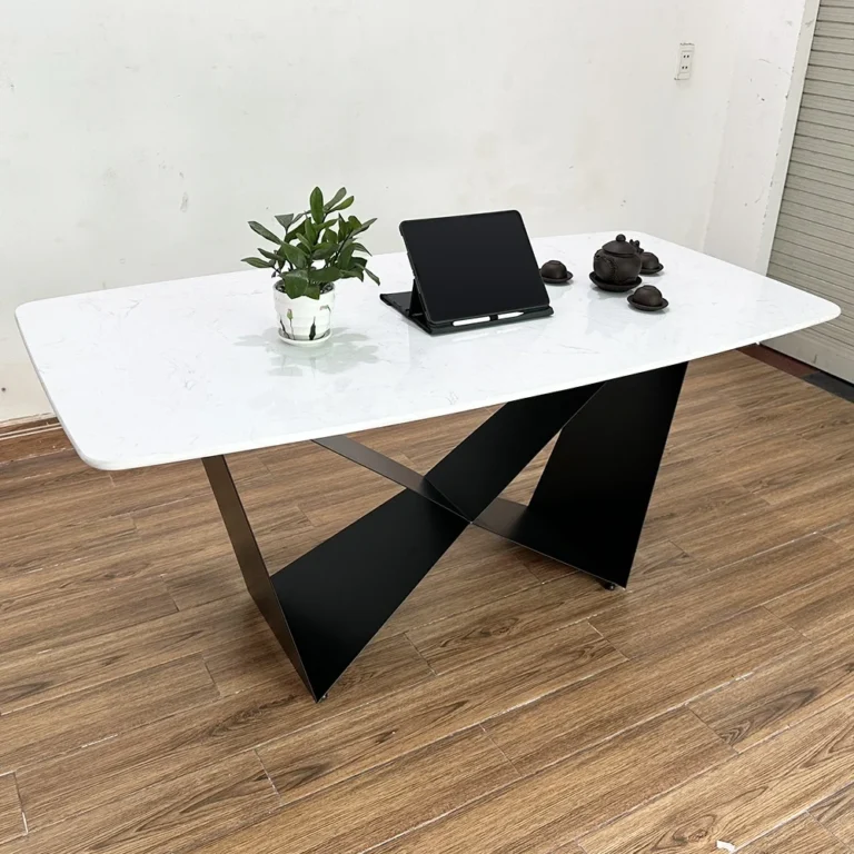 Tekkashop Bàn Ăn Chữ Nhật Sang Trọng Chân Sắt Cánh Bướm Mặt Đá Vân Mây
