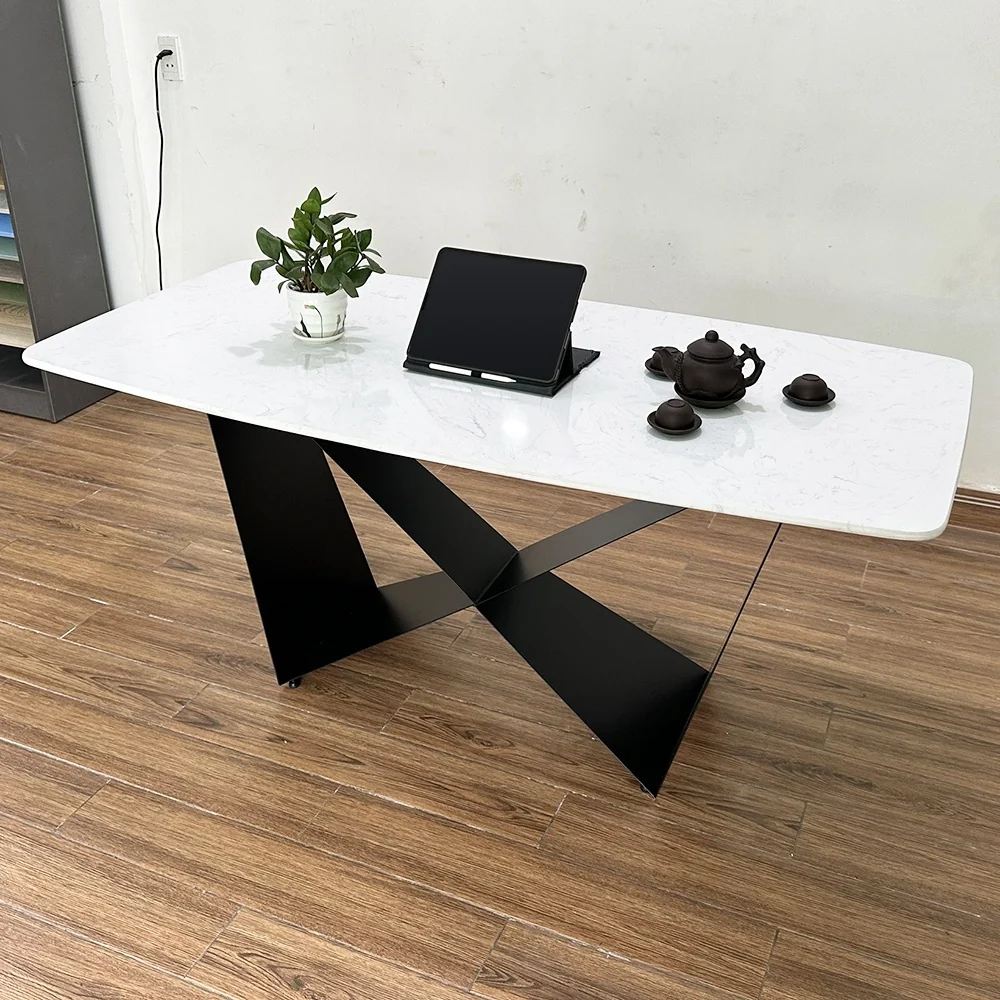Tekkashop Bàn Ăn Chữ Nhật Sang Trọng Chân Sắt Cánh Bướm Mặt Đá Vân Mây