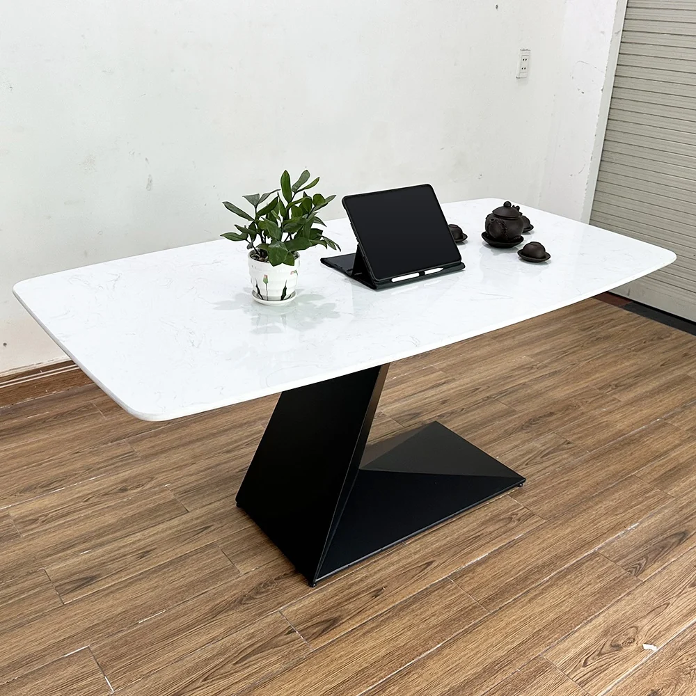Tekkashop Bàn Ăn Chữ Nhật Sang Trọng Chân Sắt Chữ Z Mặt Đá Vân Mây