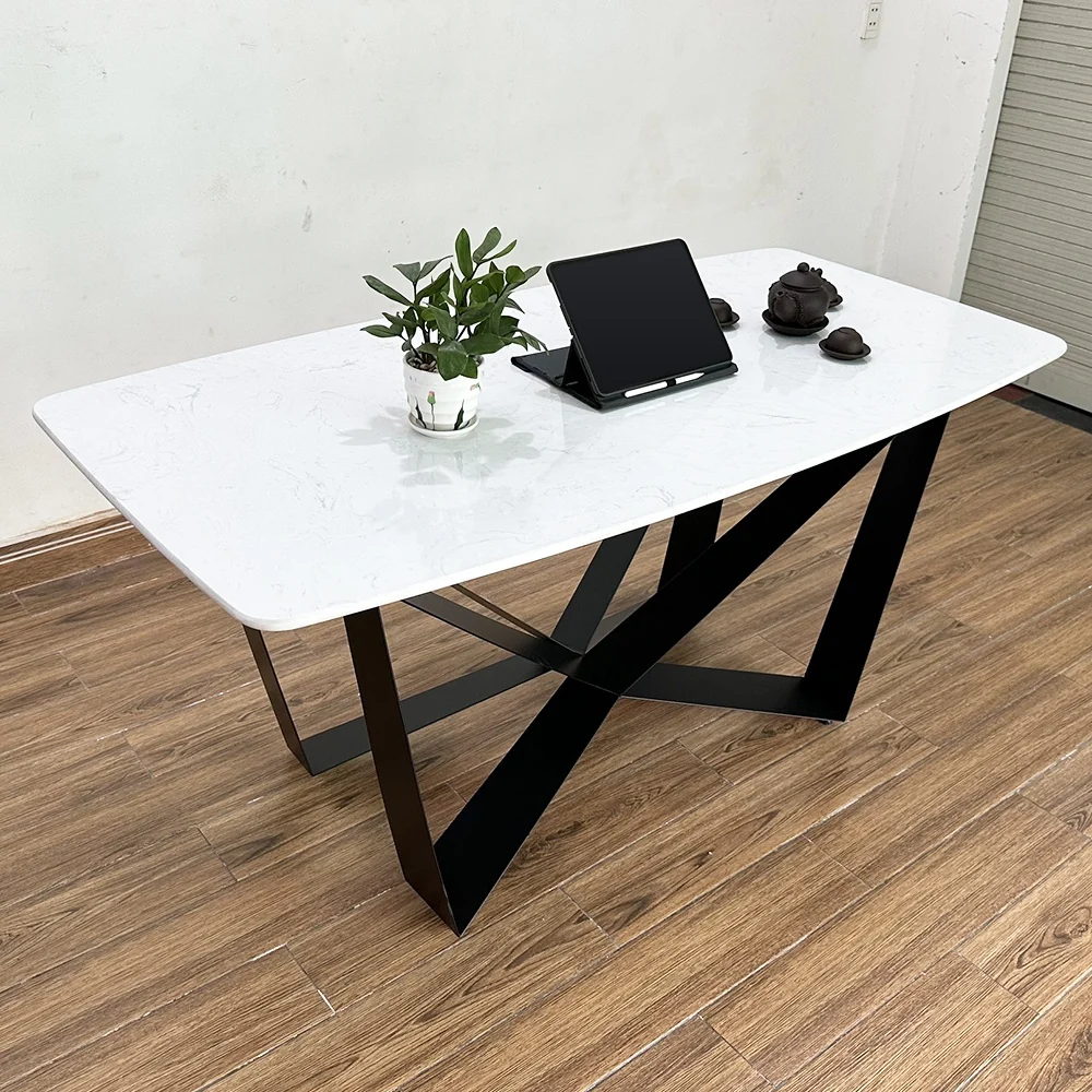 Tekkashop Bàn Ăn Chữ Nhật Sang Trọng Chân Sắt Hình Sao Mặt Đá Vân Mây