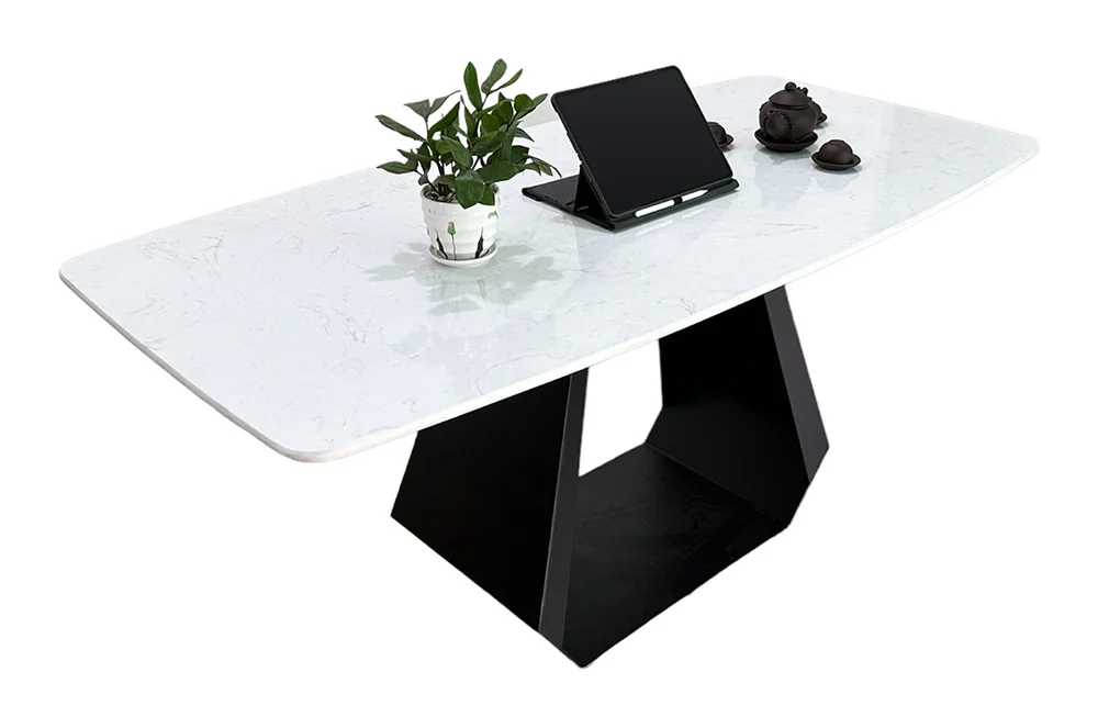 Tekkashop Bàn Ăn Chữ Nhật Sang Trọng Chân Sắt Hình Thang Mặt Đá Vân Mây