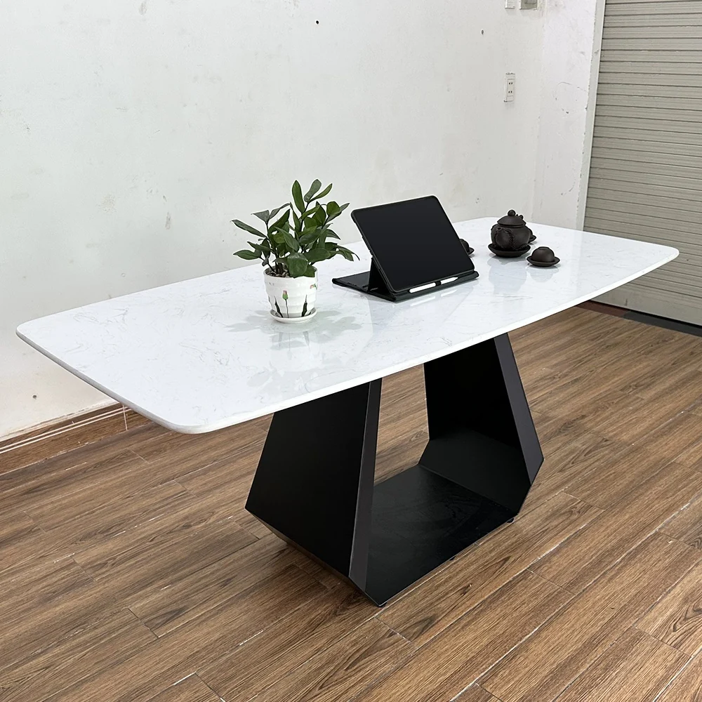 Tekkashop Bàn Ăn Chữ Nhật Sang Trọng Chân Sắt Hình Thang Mặt Đá Vân Mây