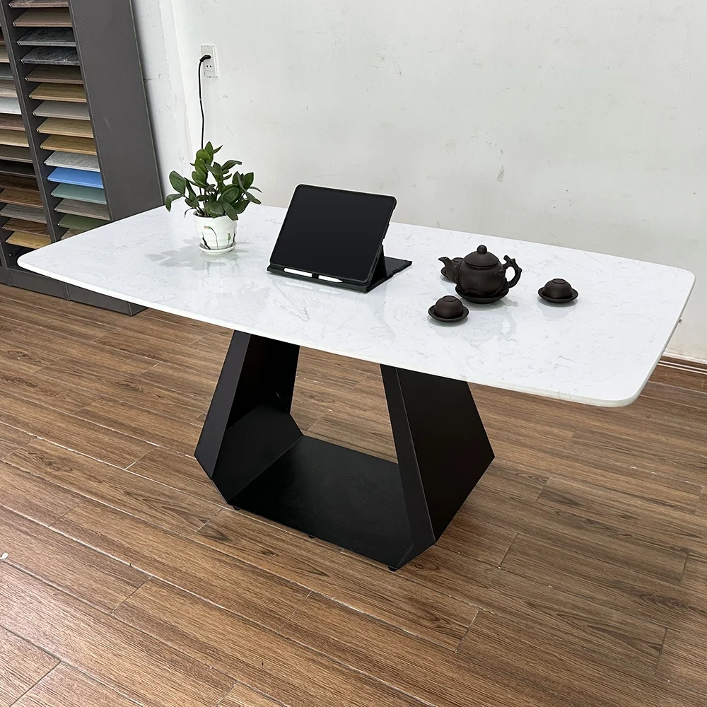 Tekkashop Bàn Ăn Chữ Nhật Sang Trọng Chân Sắt Hình Thang Mặt Đá Vân Mây