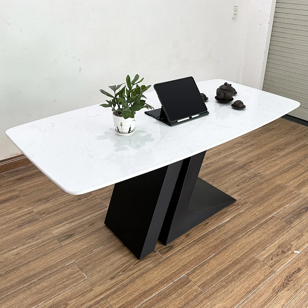 Tekkashop Bàn Ăn Chữ Nhật Sang Trọng Chân Sắt Tấm Đôi Mặt Đá Vân Mây