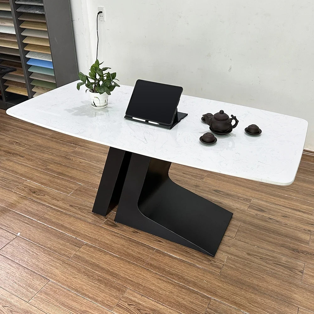 Tekkashop Bàn Ăn Chữ Nhật Sang Trọng Chân Sắt Tấm Đôi Mặt Đá Vân Mây