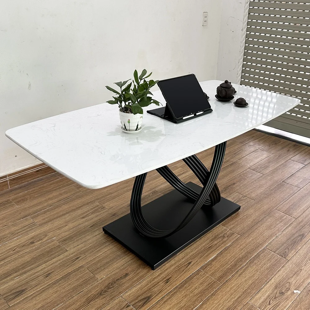 Tekkashop Bàn Ăn Chữ Nhật Sang Trọng Chân Sắt Vòng Đan Xen Mặt Đá Vân Mây