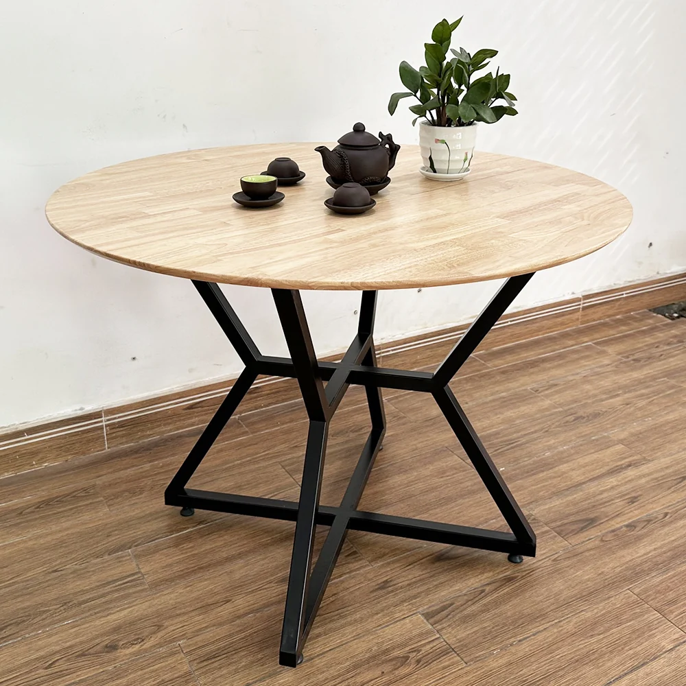 Tekkashop Bàn Ăn Tròn Hiện Đại Chân Sắt Hình Học Mặt Gỗ Cao Su