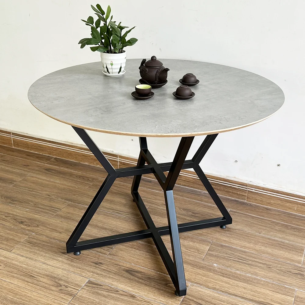 Tekkashop Bàn Ăn Tròn Hiện Đại Chân Sắt Hình Học Mặt Gỗ Plywood Phủ Melamin