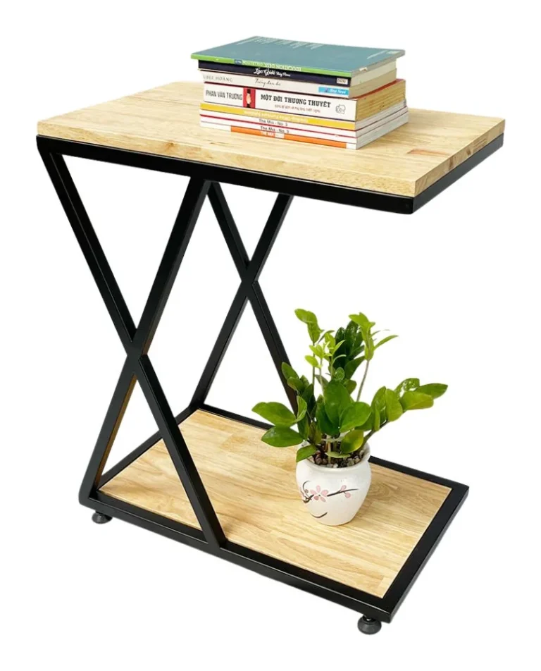 Tekkashop Bàn Bên Sofa 2 Tầng Khung Sắt Chữ X Gỗ Cao Su