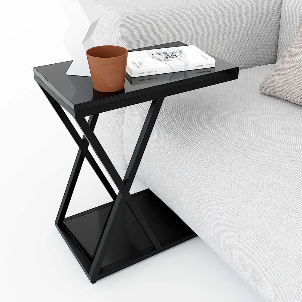 Tekkashop Bàn Bên Sofa 2 Tầng Khung Sắt Chữ X Gỗ Cao Su