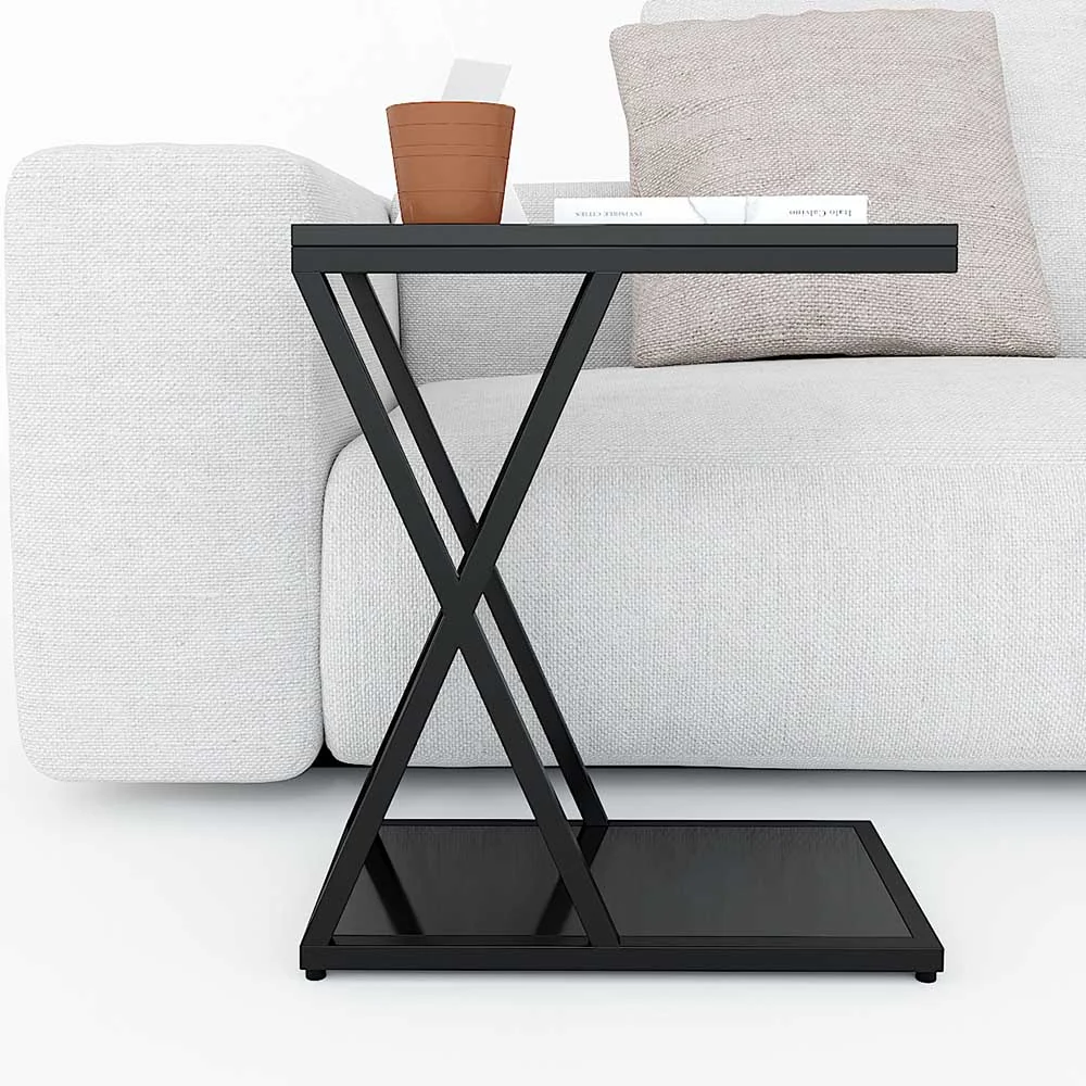 Tekkashop Bàn Bên Sofa 2 Tầng Khung Sắt Chữ X Gỗ Cao Su