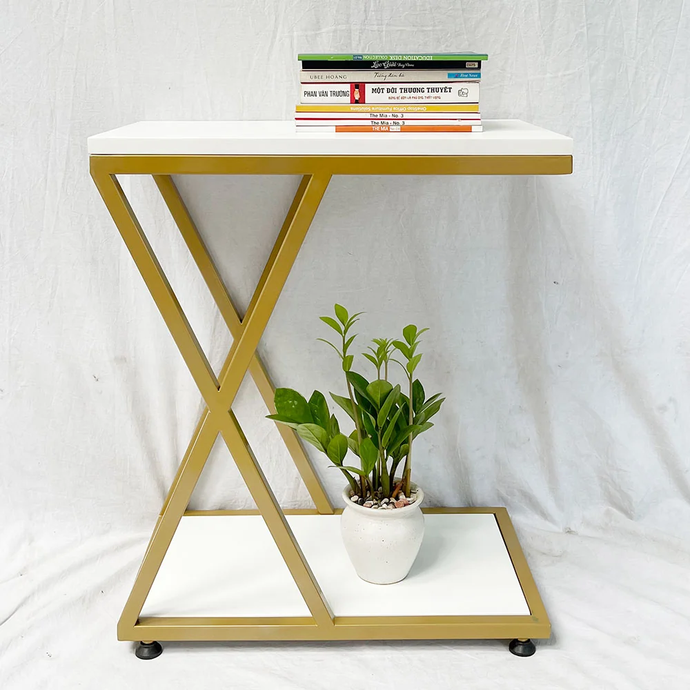 Tekkashop Bàn Bên Sofa 2 Tầng Khung Sắt Chữ X Gỗ Cao Su