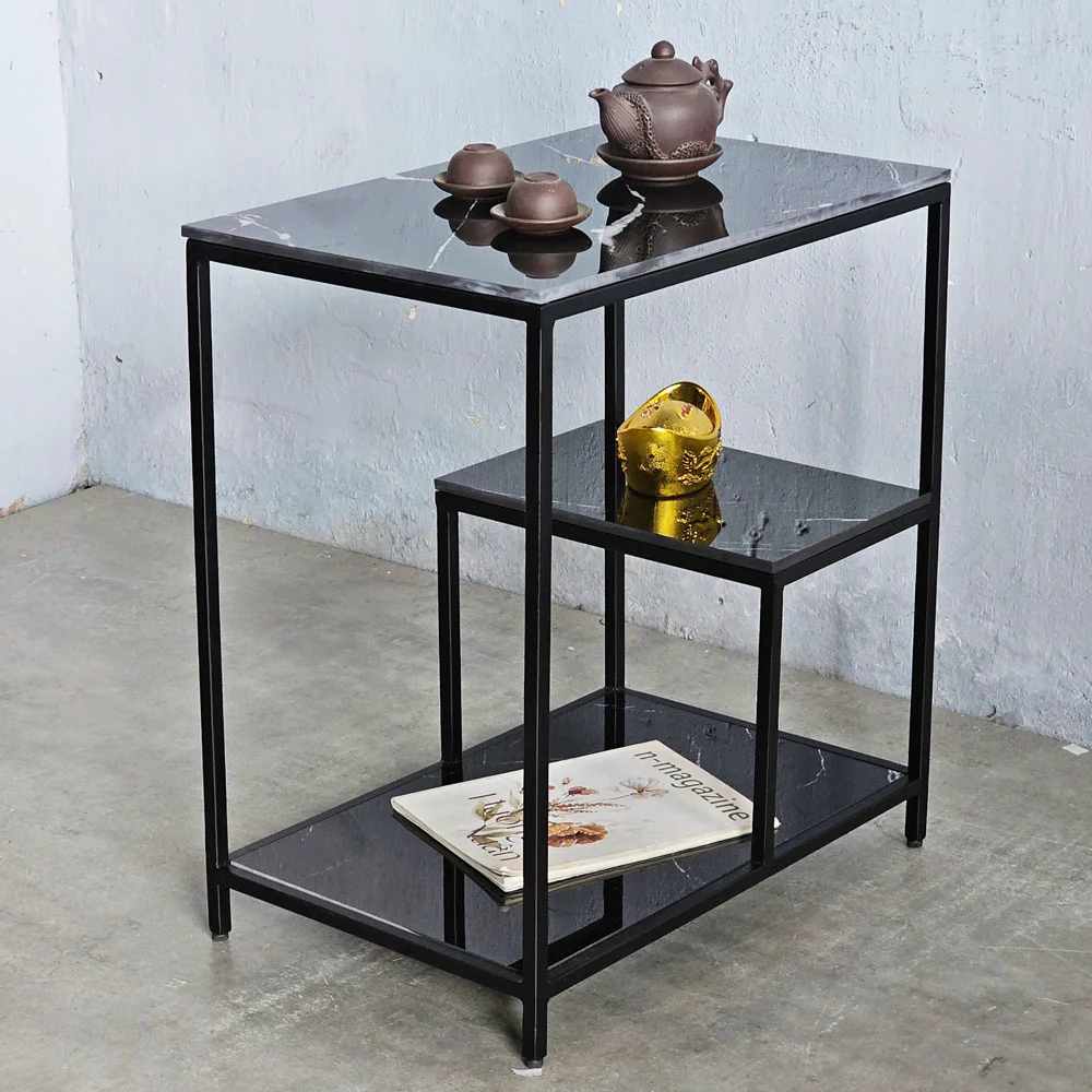 Tekkashop Bàn Bên Sofa 3 Tầng Lệch Mặt Đá Khung Sắt Hộp