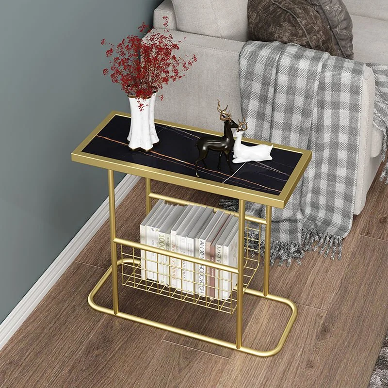 Tekkashop Bàn Bên Sofa Có Giỏ Lưới Đựng Sách Mặt Đá Khung Sắt