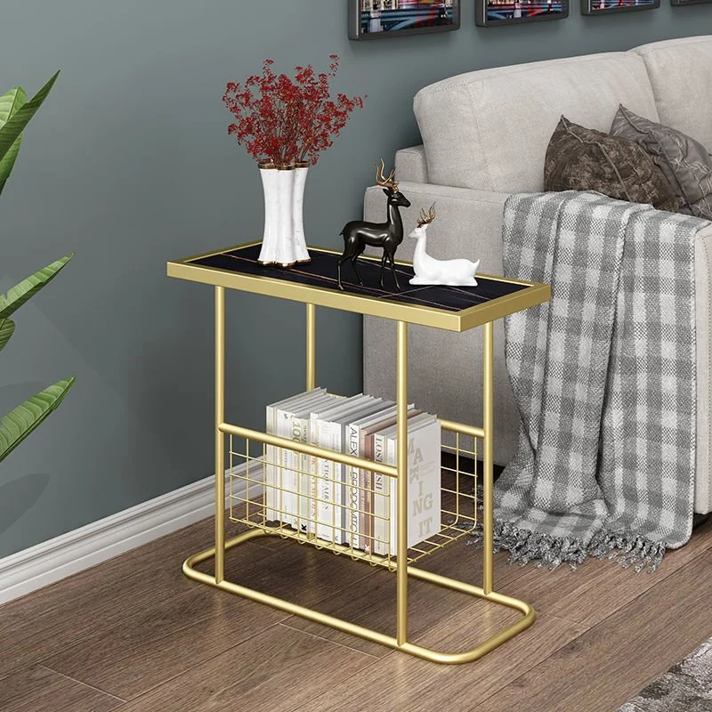 Tekkashop Bàn Bên Sofa Có Giỏ Lưới Đựng Sách Mặt Đá Khung Sắt