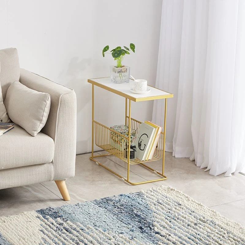Tekkashop Bàn Bên Sofa Có Giỏ Nan Đựng Tạp Chí Mặt Đá Khung Sắt